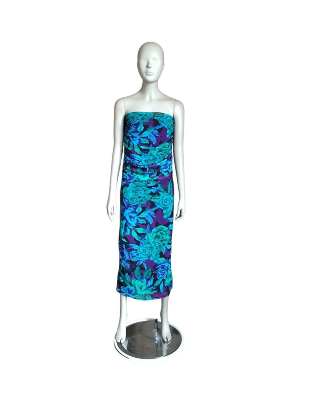 AFRM Blue, Purple and Black Flower Strapless Dress